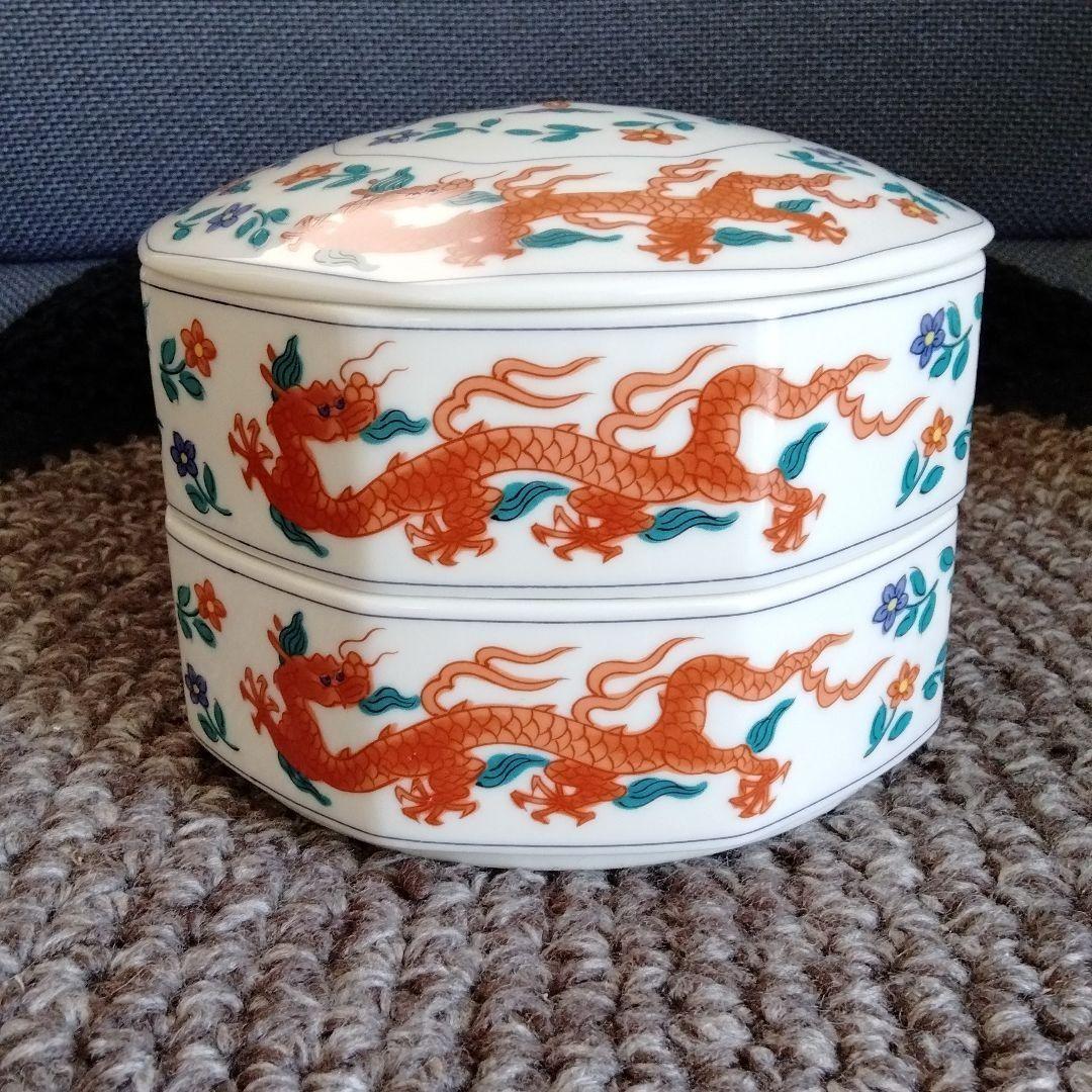 最終値下げ　中国骨董　旧蔵唐物陶磁器赤絵細工龍雲紋八角型二段重箱在銘希少珍貴新品