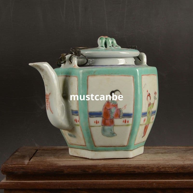 手画六方粉彩窓を開けて仕女紋提梁壺 急須 煎茶器 茶道具 装飾品 現代工芸品置物