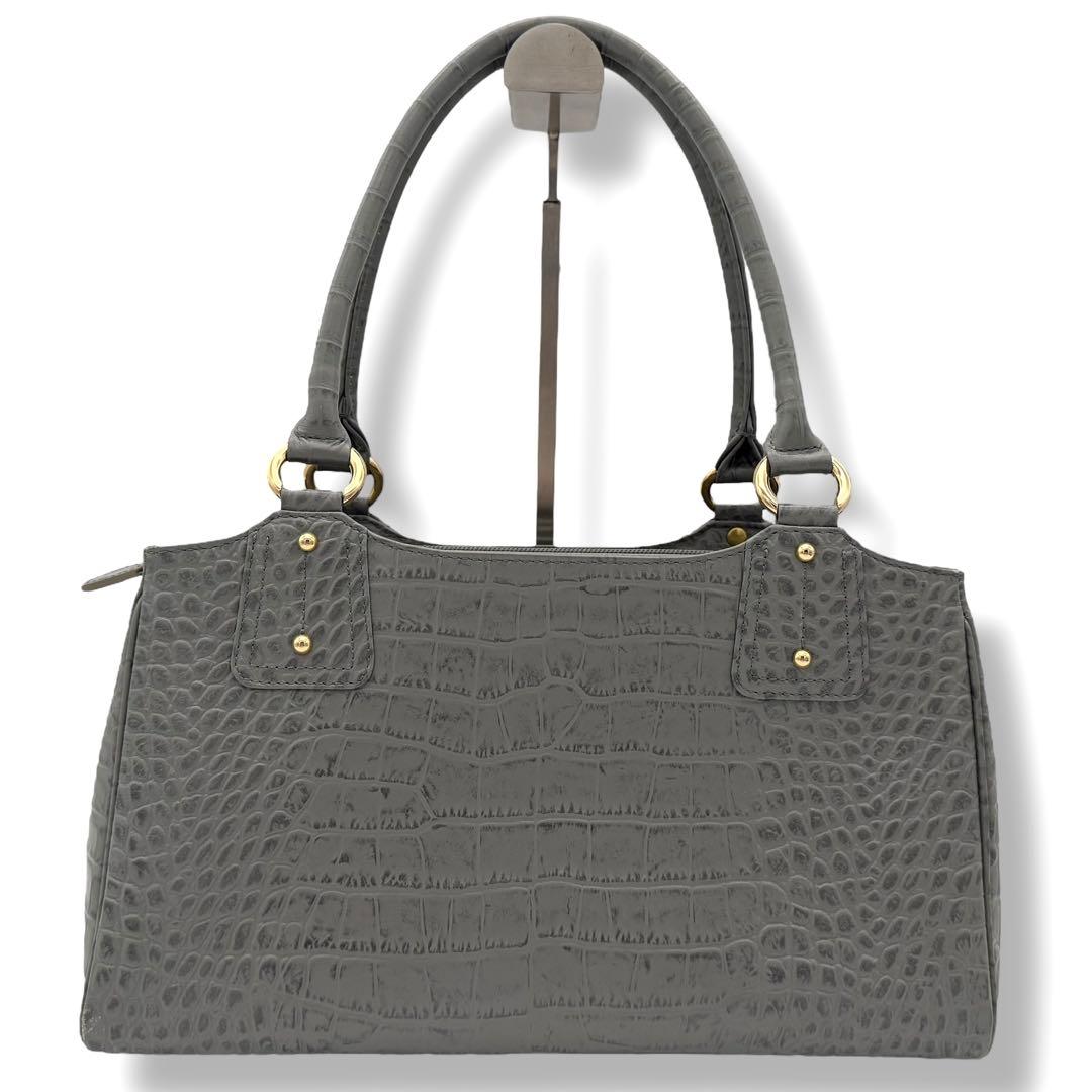 ハマノ ミニボストンバッグ コッコビアン クロコ型押しレザー グレー