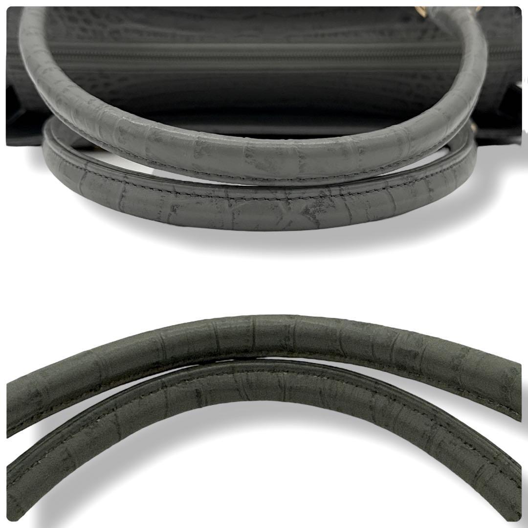 ハマノ ミニボストンバッグ コッコビアン クロコ型押しレザー グレー