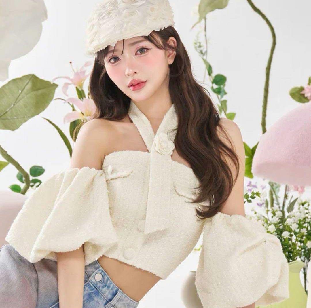 ダーリッチ Darich ホルターネックオフショルツイードトップス　ホワイト