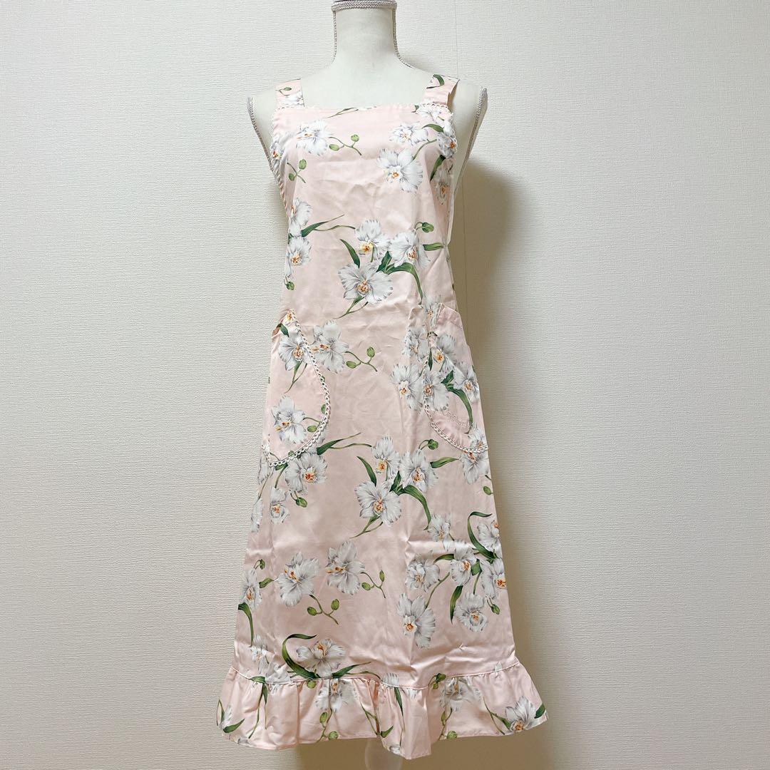 タグ付き　クリスチャンディオール　エプロン　ピンク×ホワイト　花柄　カトレア