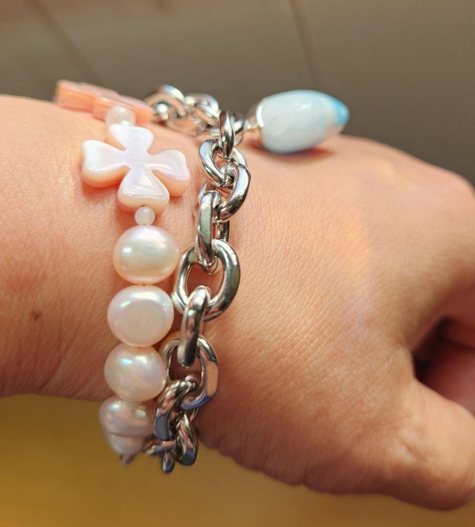 handmade ラリマーハートチャームの2連ブレスレット