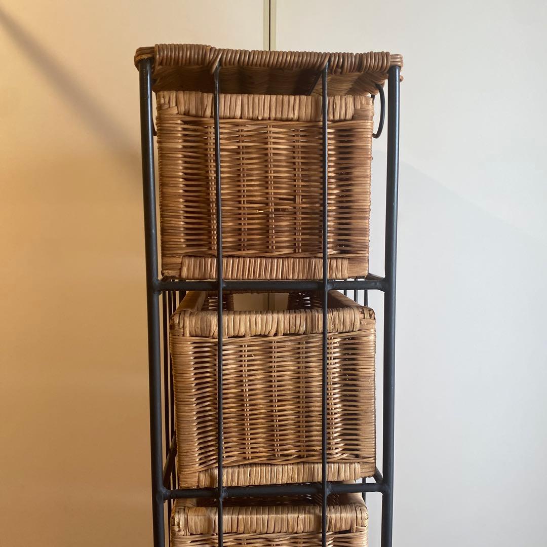 黒アイアン ラタンラック×8引出し バスケット棚 キャスター付 昭和レトロ