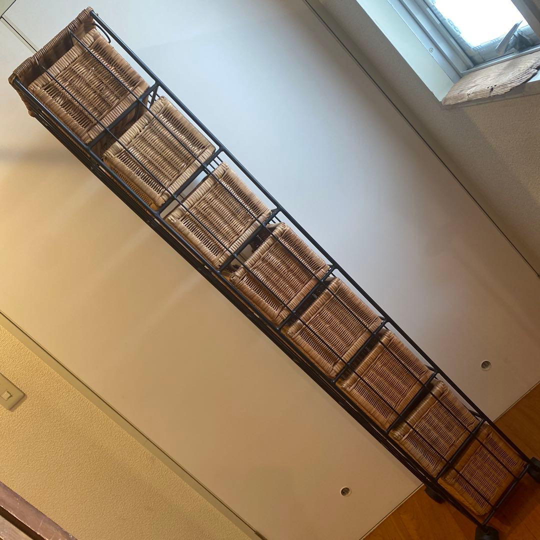 黒アイアン ラタンラック×8引出し バスケット棚 キャスター付 昭和レトロ