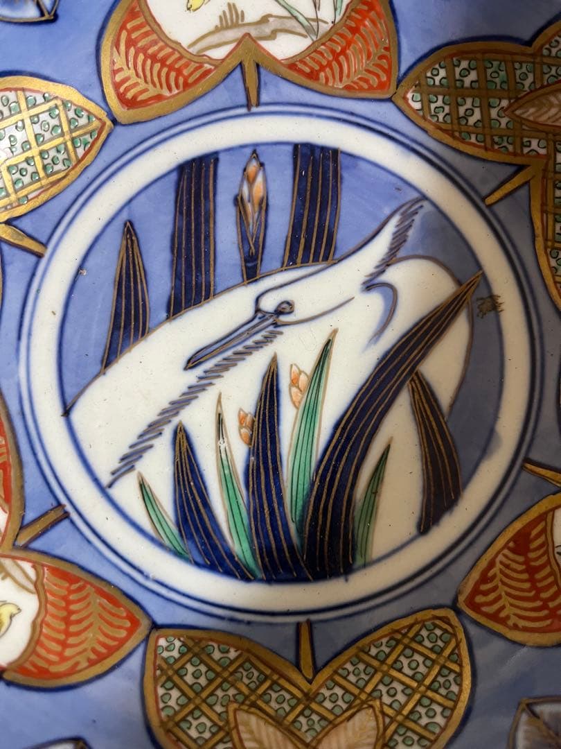 骨董　器　古伊万里　澤瀉屋窓絵七宝紋鷺図大中小三つ揃え　鉢　蔵出し　工芸品　食器