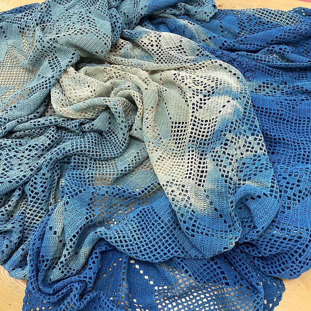 希少 特大 アンティーク ヴィンテージ 藍染め レース クロス カバー フランス