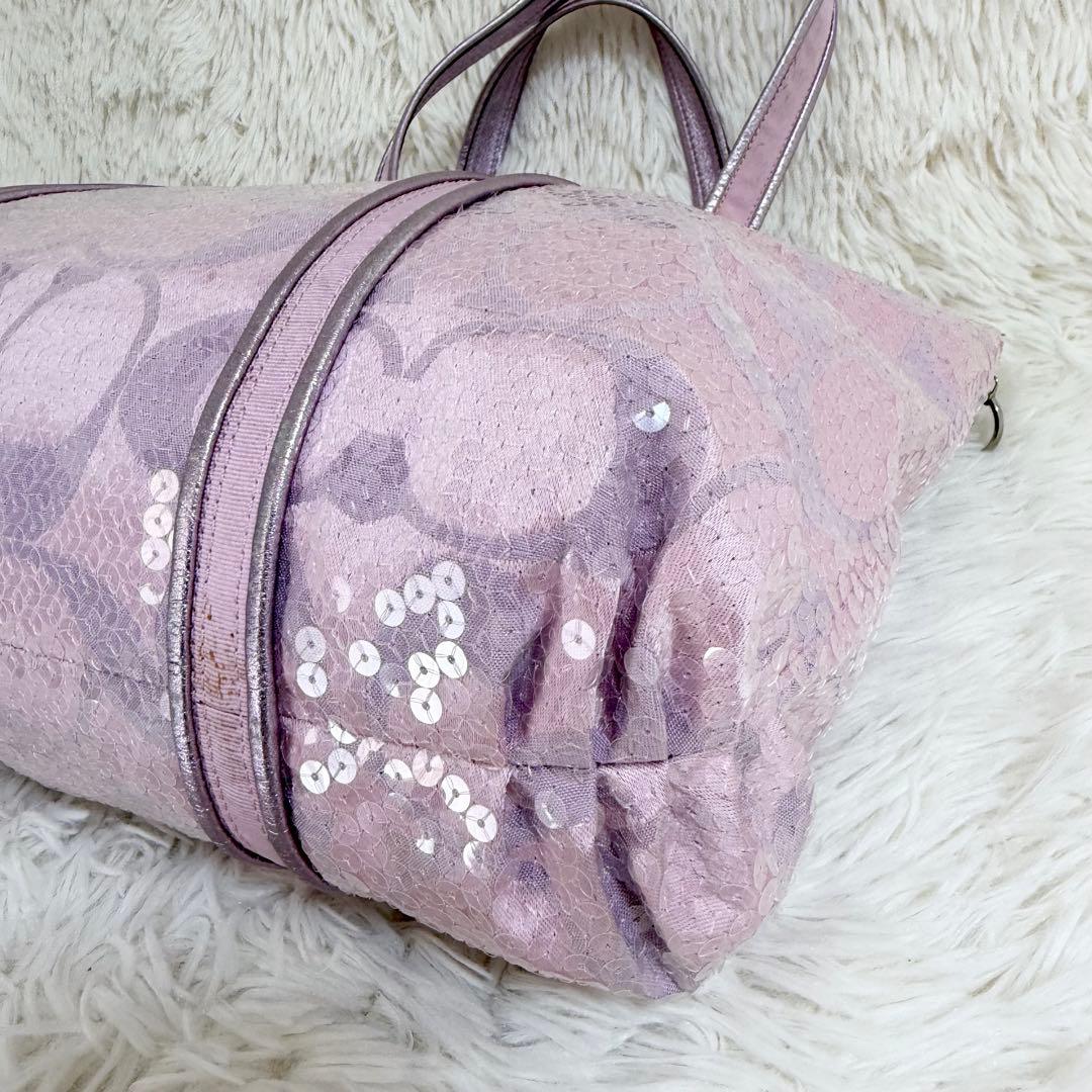 COACH コーチ パピー トートバッグ スパンコール ピンク A4収納可 ロゴ