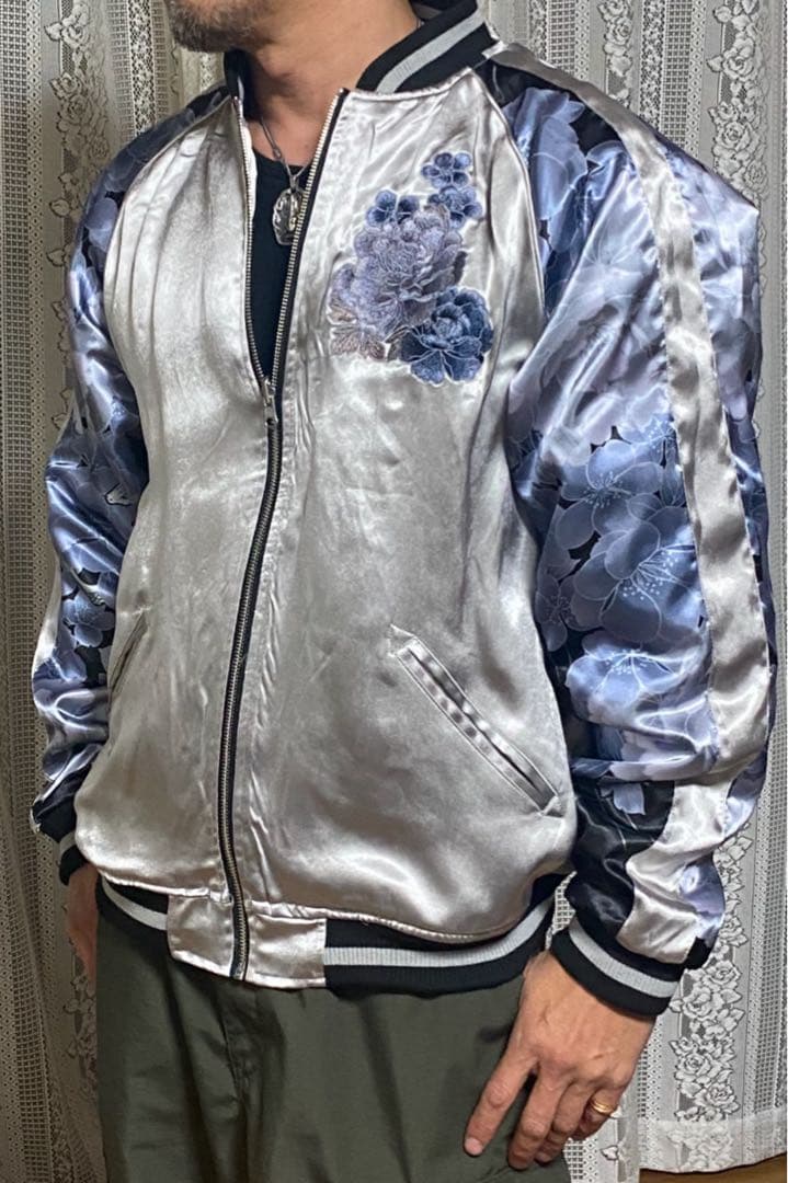 白い蛇刺繍 シルバー スカジャン XL