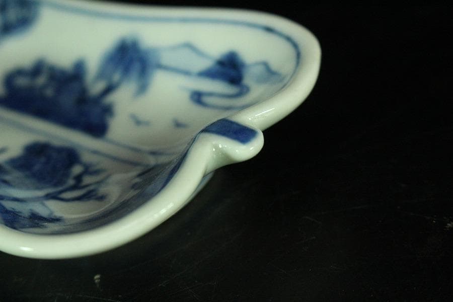 三浦竹泉作 青花山水 団扇形 皿 揃い 大小五客(K-XA885)