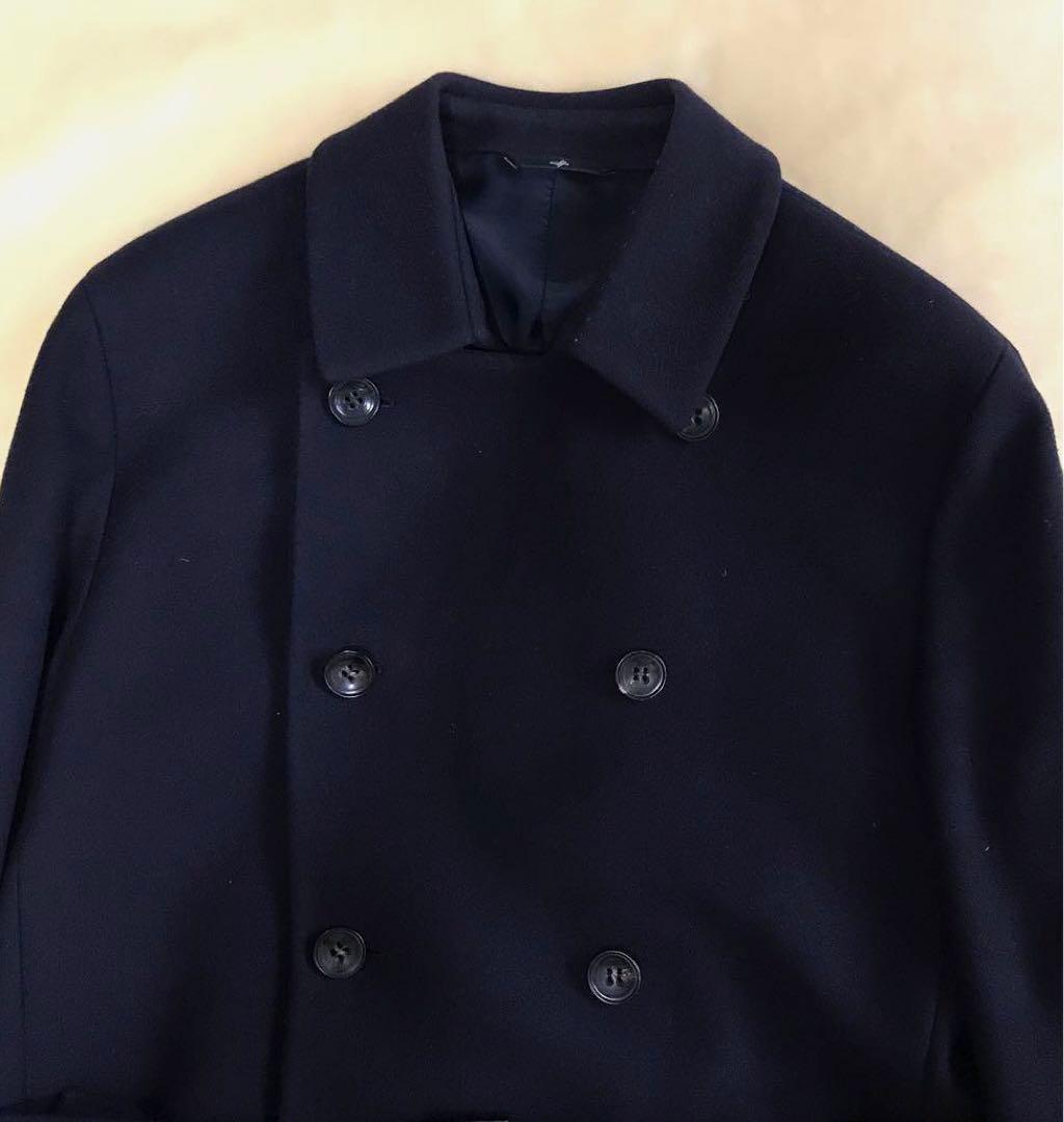 極美品　HEVO イーヴオ　ウールメルトンダブルトレンチ　ネイビー　48
