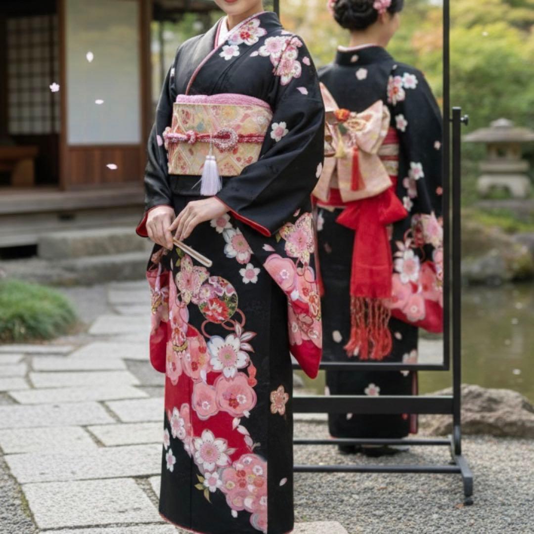 七五三 女の子 七歳用　正絹　綸子　古典柄　振袖　黒