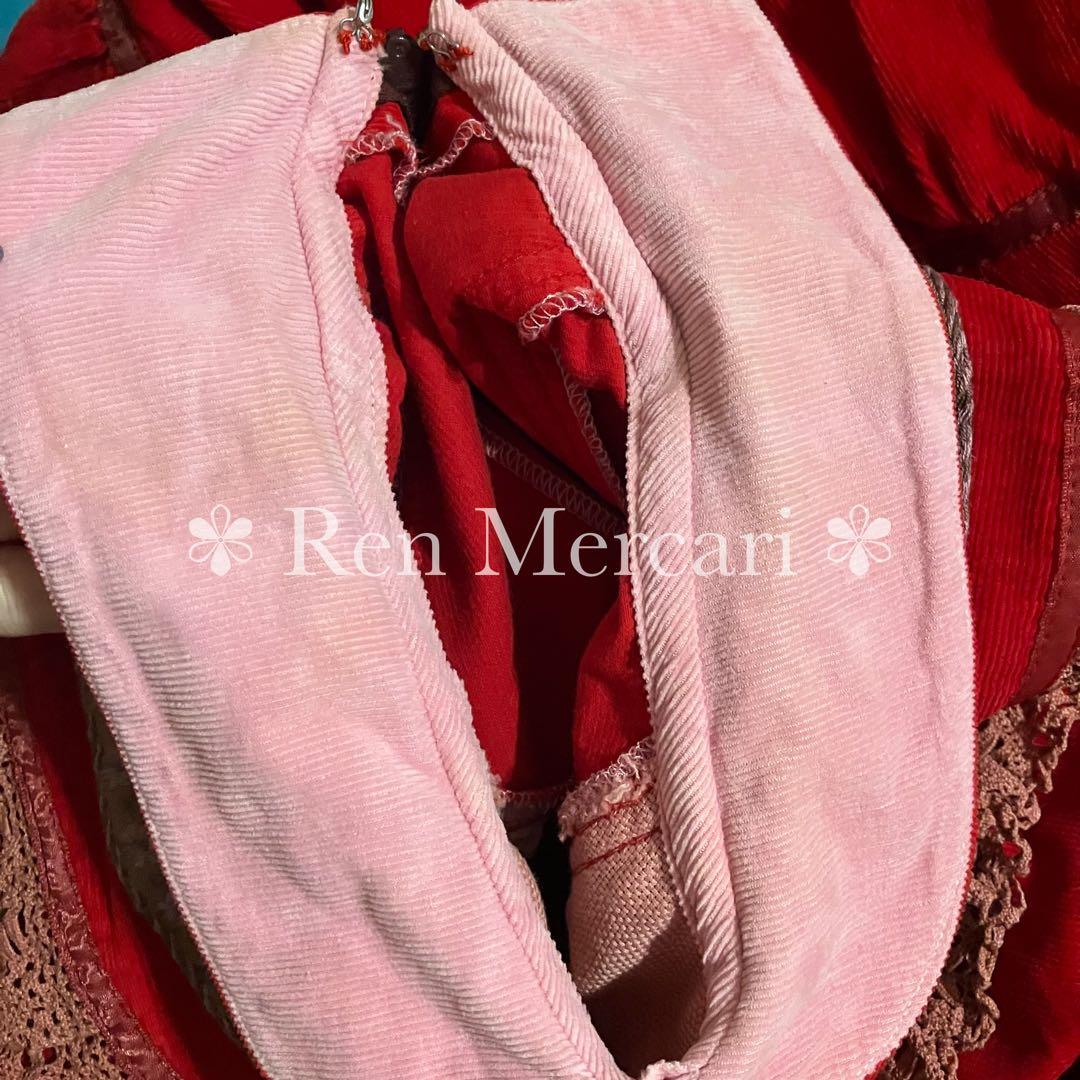 ストロベリーレッド コーデュロイ お花刺繍のチュールヨークワンピース