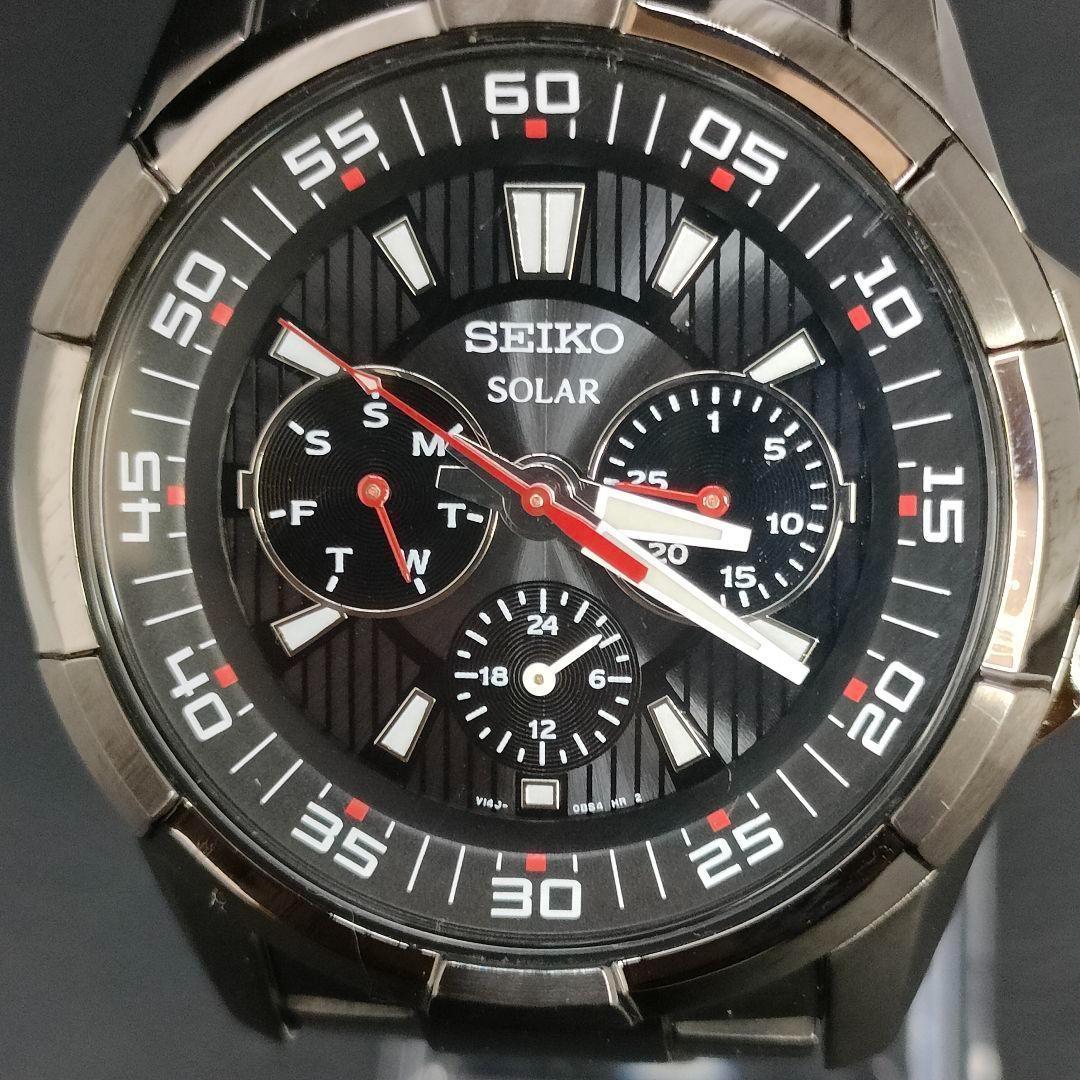 美品　SEIKO　セイコー　ブラック　レッド　ステンレス　ソーラー　メンズ　時計