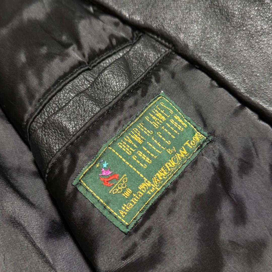 稀少90s American Toons レザーブルゾン M 黒ワッペン A-2