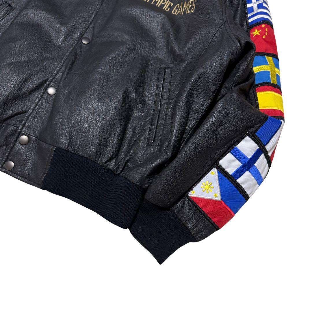 稀少90s American Toons レザーブルゾン M 黒ワッペン A-2