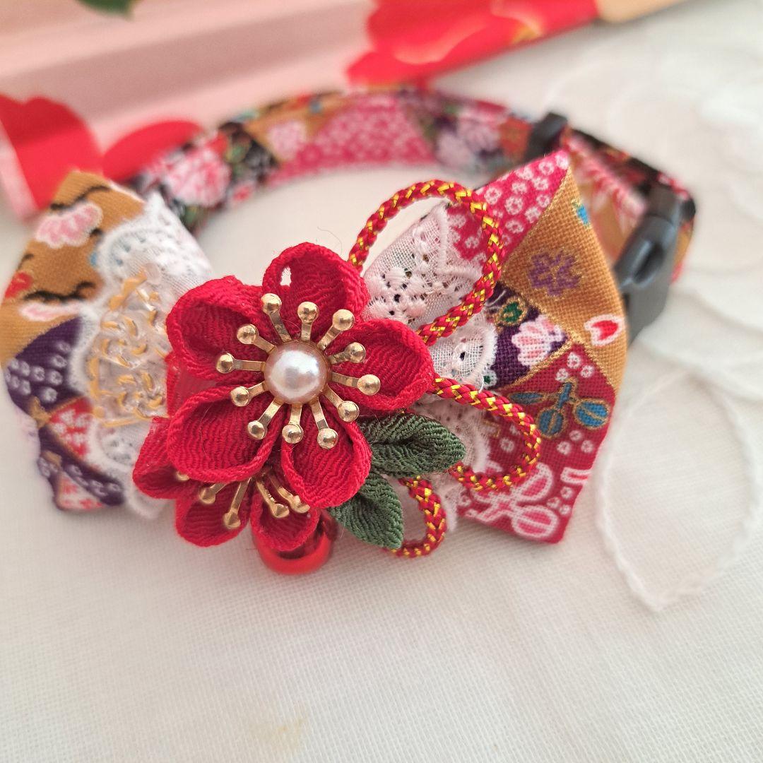 お正月、つまみ細工シングルリボン(赤③)わんちゃん猫ちゃん用首輪