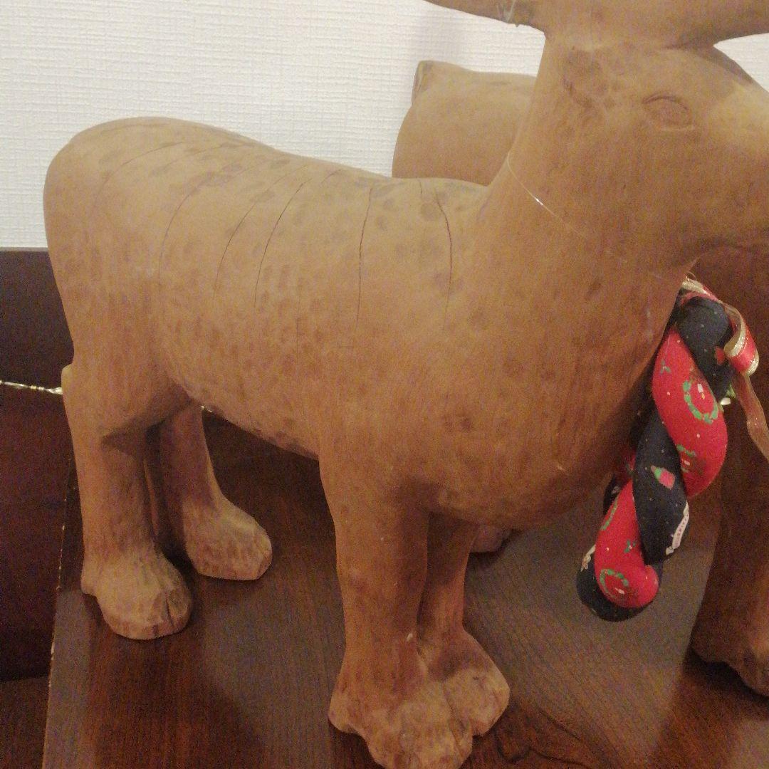 木製ペアトナカイ　木彫りつがいトナカイ