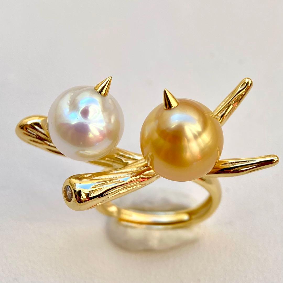 本真珠南洋白蝶真珠　茶金とホワイト無調「鳥と枝」s925リングY1059