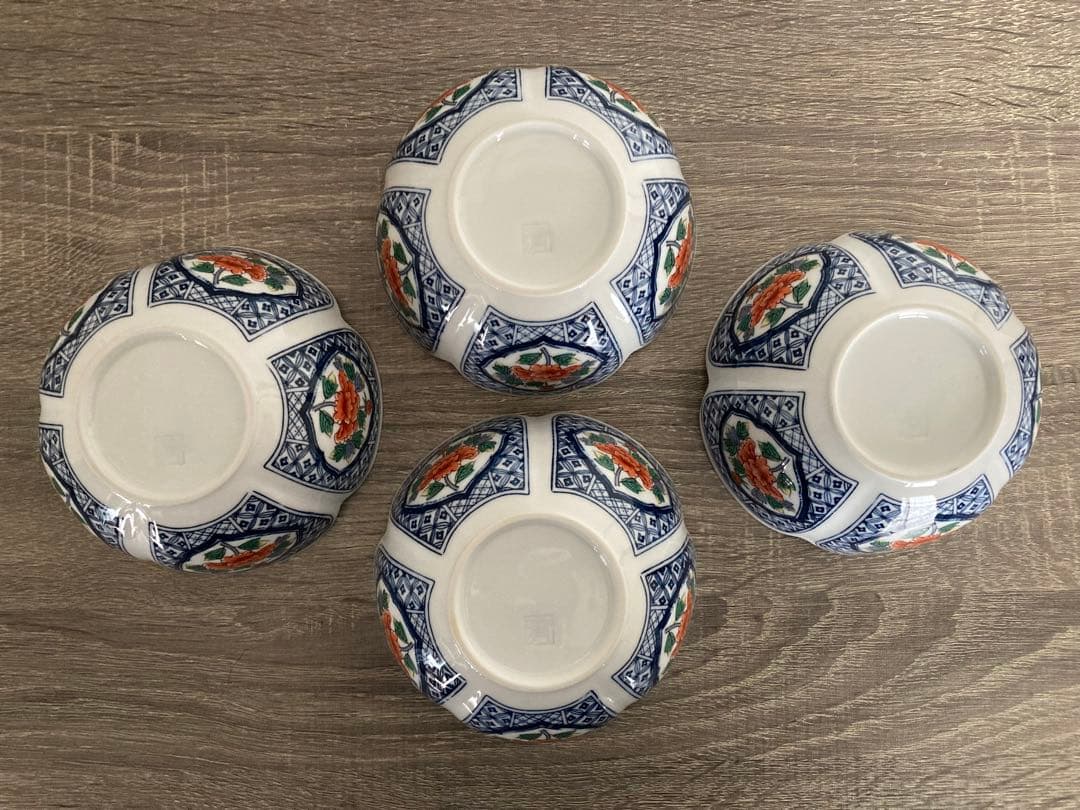 ☆ 中鉢 煮物鉢 和食器 清 昭和レトロ 花 青 白 4個セット ☆