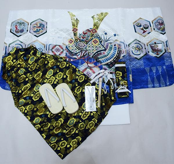 七五三 五歳 男児 羽織袴フルセット L寸 白地×青 袴変更可能 NO38731