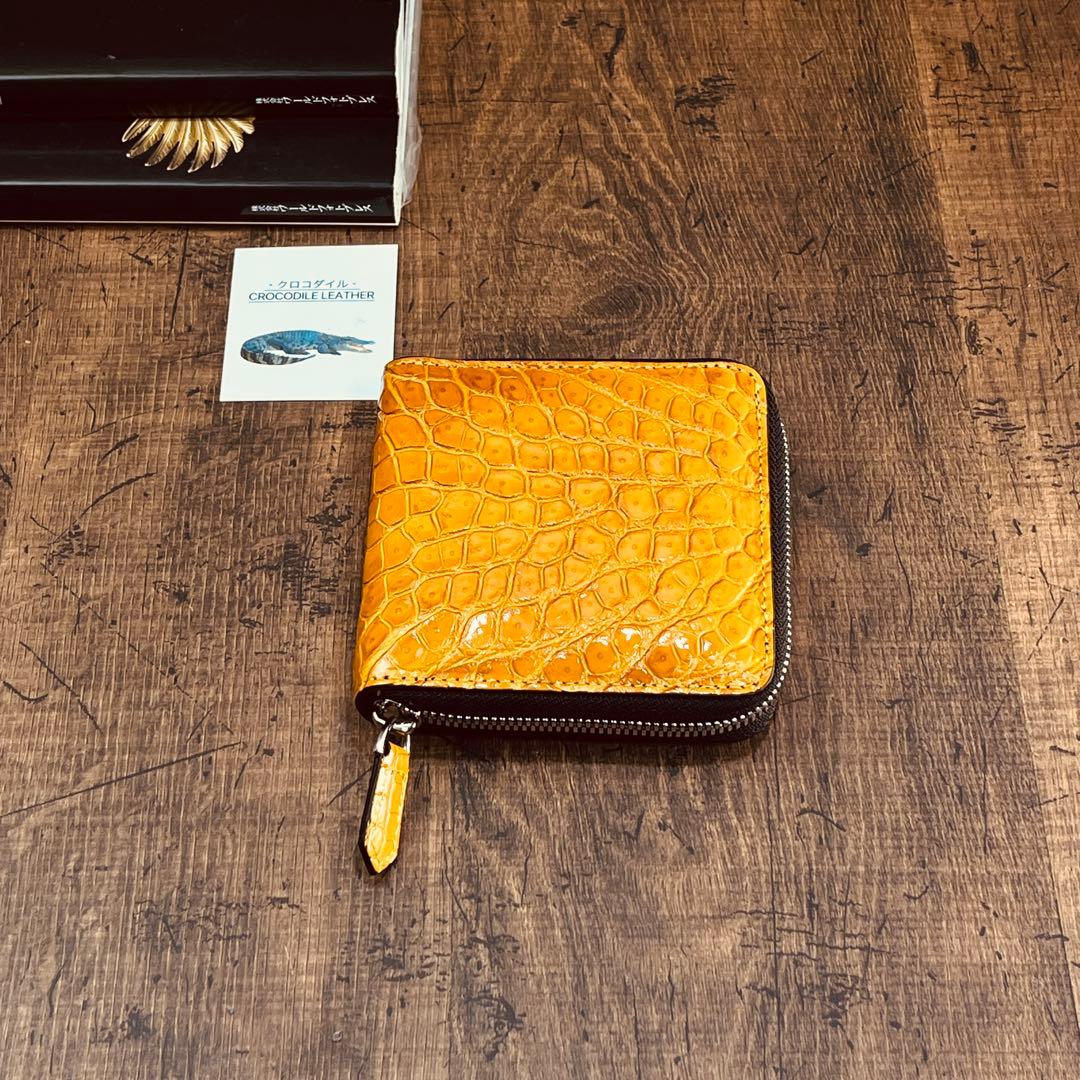 実物撮影 一枚革 二つ折り財布 クロコダイル メンズ ラウンドファスナー 新品