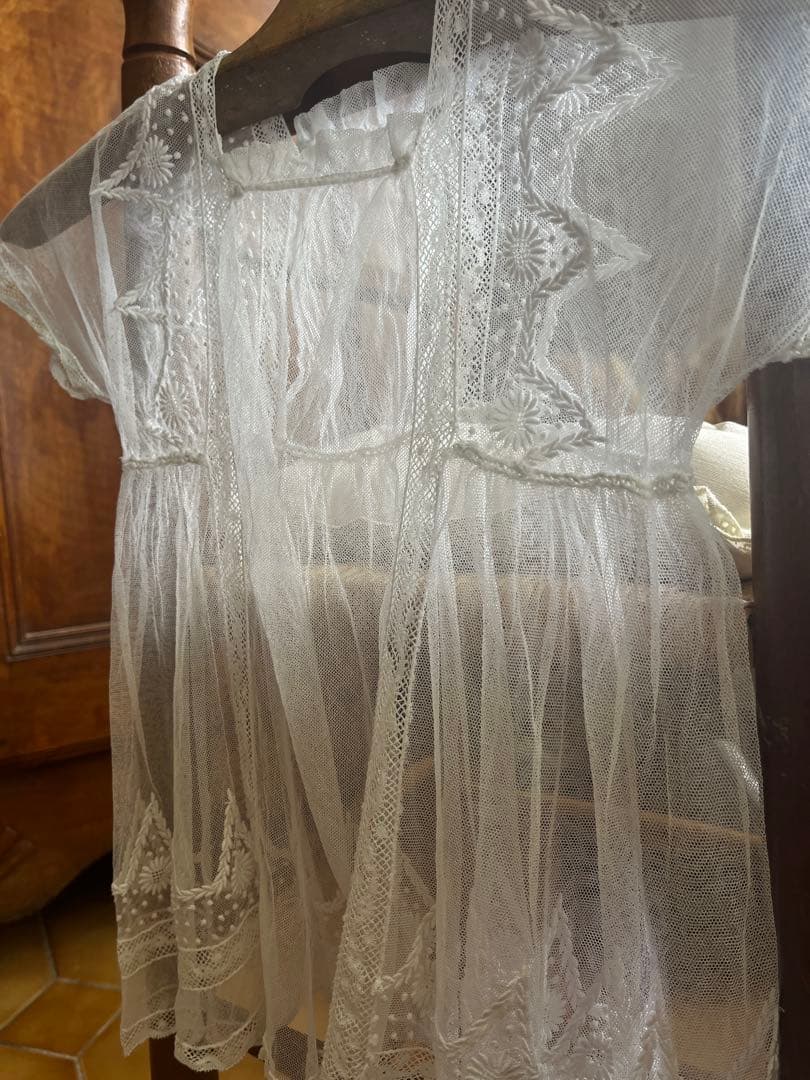 ◆フランスアンティーク｜セレモニーベビードレスB洗礼式白レース透け感テディベア