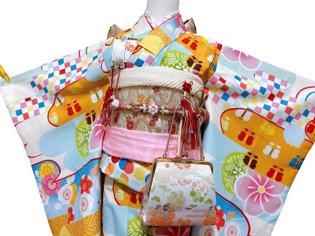 美品!!水色×ピンク♡七五三　7歳　女の子　フルセット一式　パール付帯締め