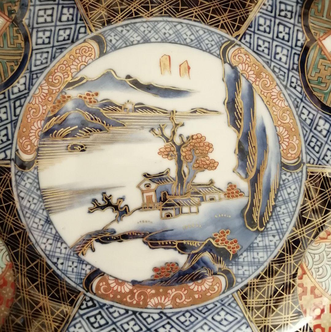 明治伊万里　色絵　染錦　輪花縁　大鉢　大小２客セット