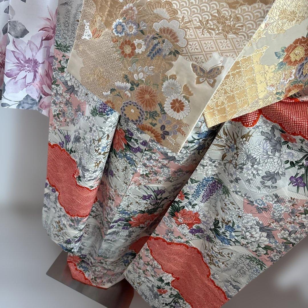 未使用に近い　正絹振袖フルセット　華やかな花柄　新品袋帯　オレンジ　成人式に