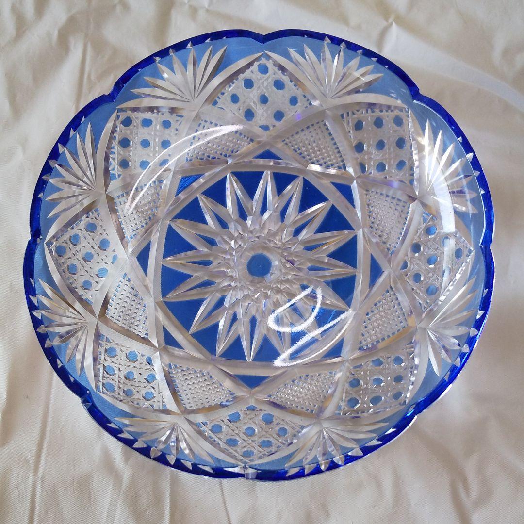 カメイガラス 藍被薩摩切子皿 菱宝