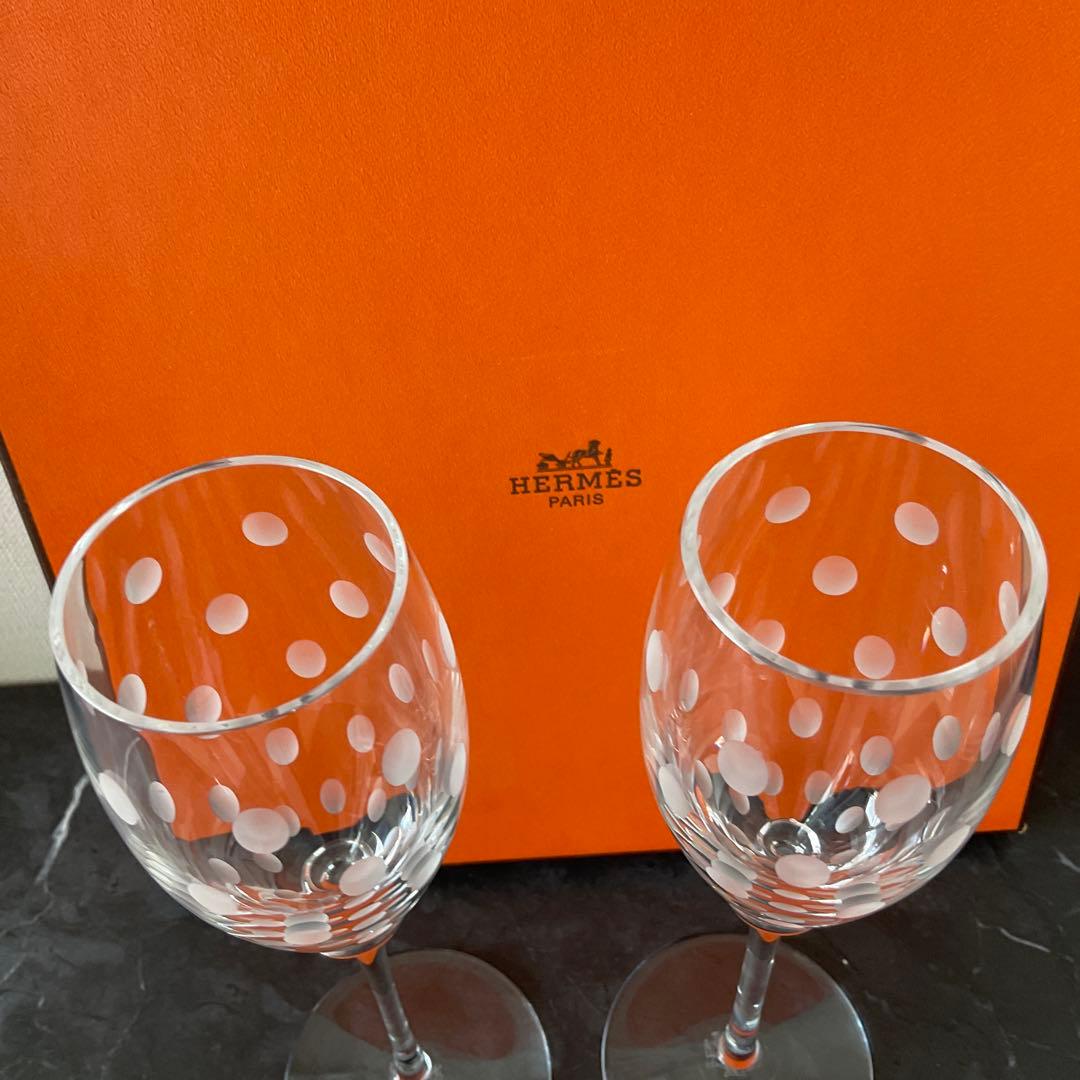 HERMES ドット柄 ガラスシャンパングラス 2個セット　ファンファーレ