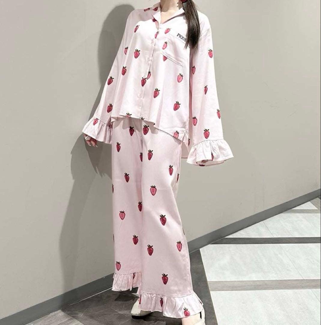 ジェラートピケ ストロベリー柄ツイルシャツ ロングパンツ 上下セットアップ