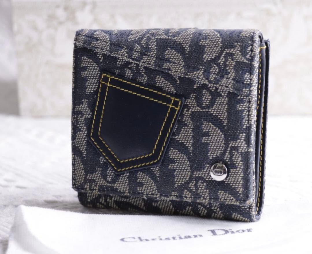 Christian Dior 二つ折り財布　キャンバス生地　トロッター柄ネイビー