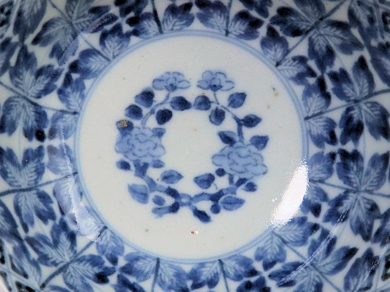 古伊万里　染付　牡丹葉繋ぎ紋　膾皿　春寒鉢　江戸期　C617AS-CVp