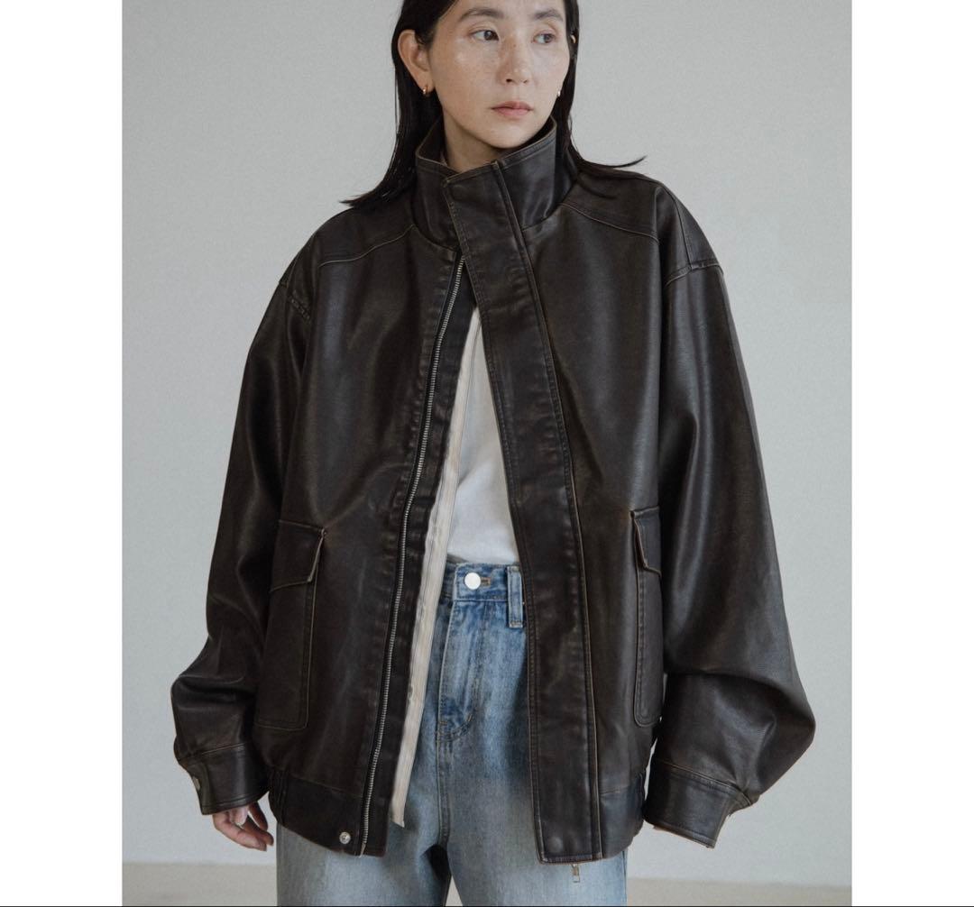 【まめ】ash fake leather jacket+ケーブルニット