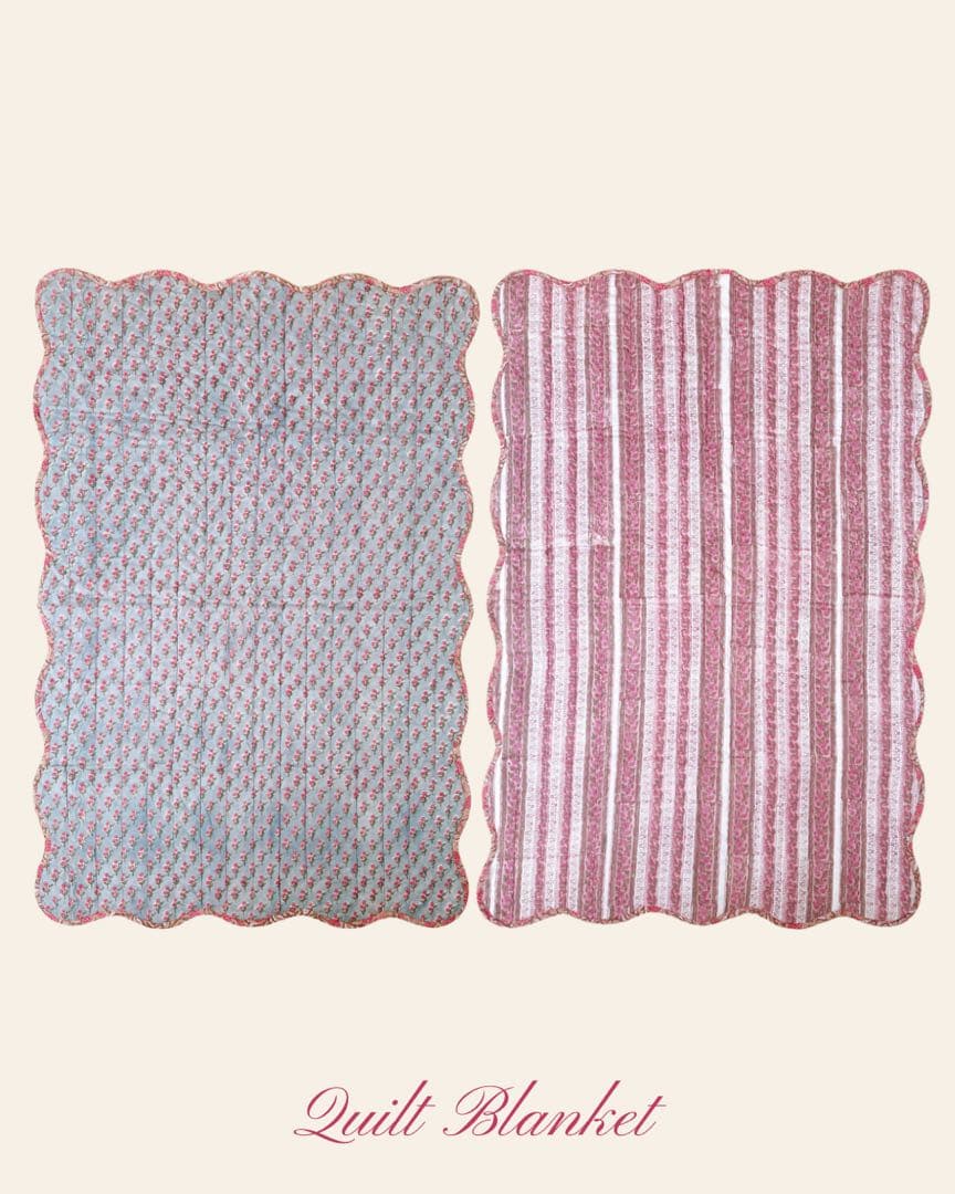 ブロックプリント　うねうねキルトブランケット　グレー×ピンク