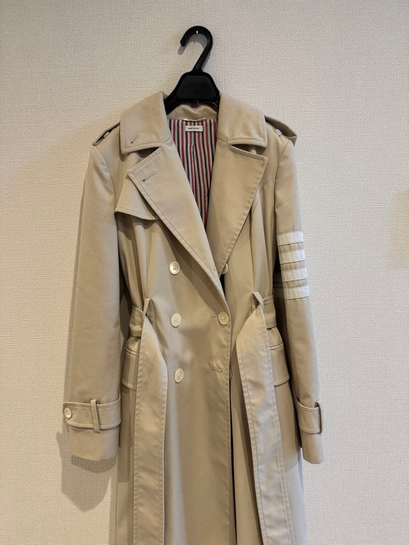 【THOM BROWNE★トムブラウン】ベージュ トレンチコート ストライプ裏地