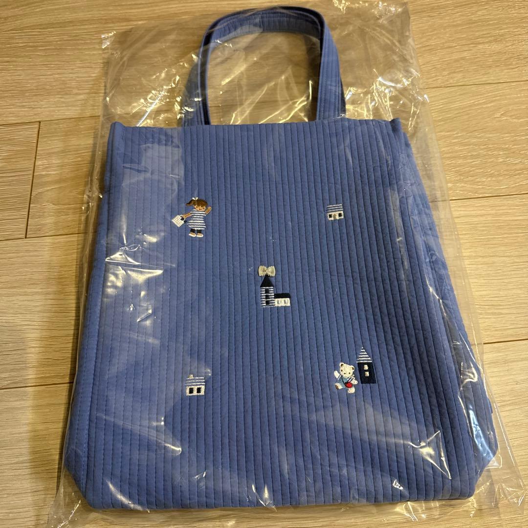 ファミリア青いコーデュロイ刺繍バッグ