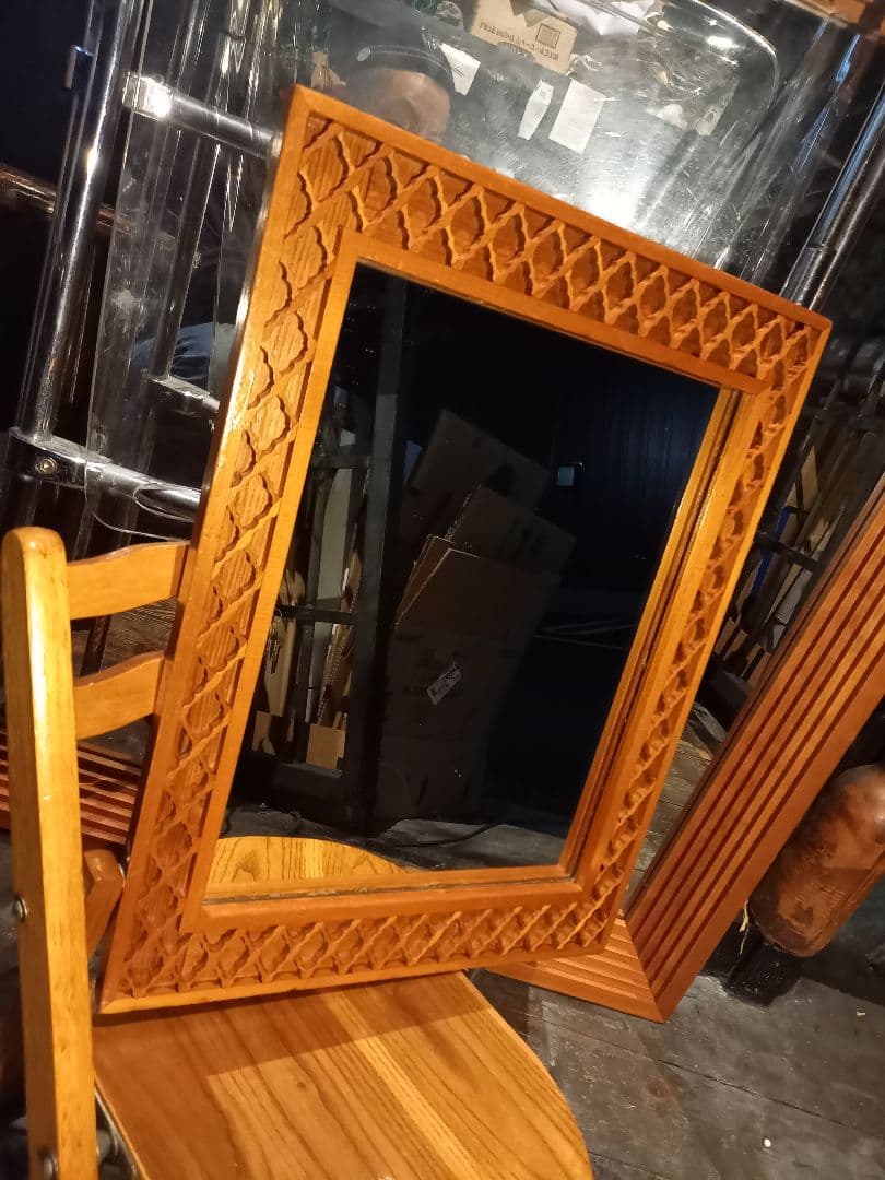 1970's　フレンチ　格子柄　模様　透かし彫り　細工　ウッド　フレーム　ミラー