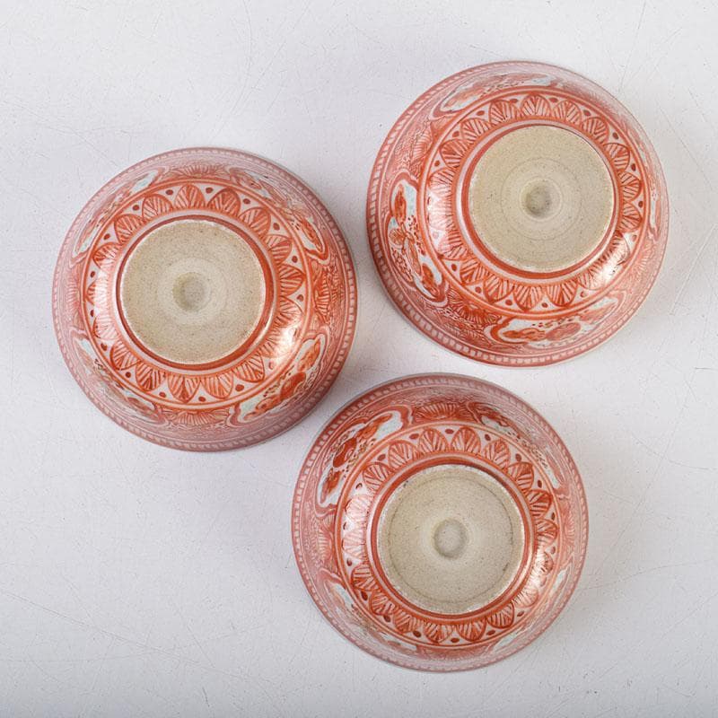 りんぞう　九谷焼　古九谷　赤絵　盃　ぐい呑　三客　時代箱　M　R9325