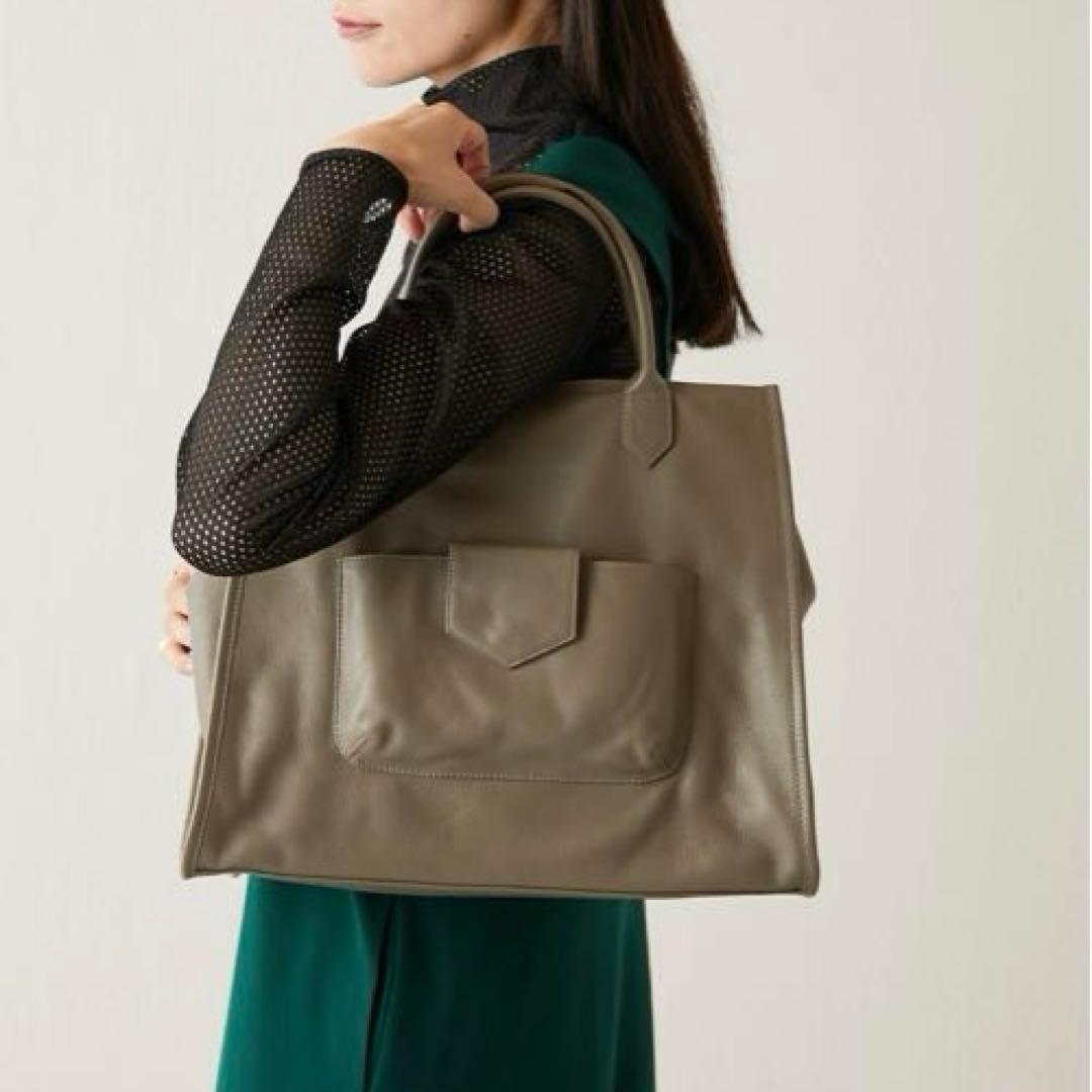 【美品】ear PAPILLONNER 立体ポケットトートバッグ　牛革　グレー