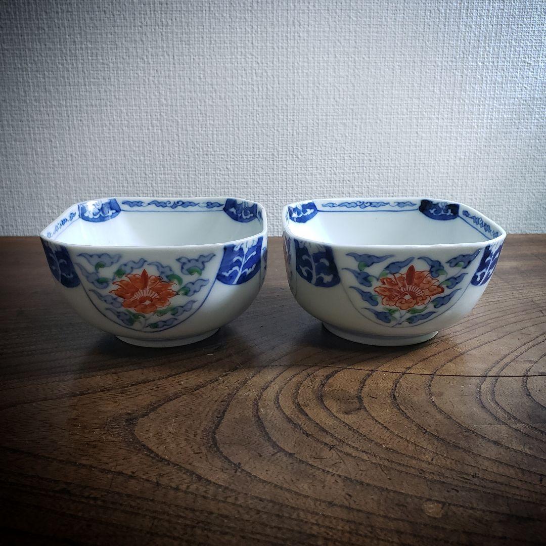 向付　角向付　小鉢　染付　色絵付　2客 古伊万里　明治　唐花　雲　内折　宝珠　銘
