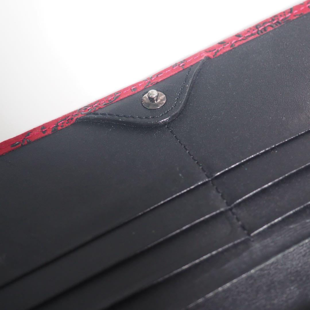 甲州印伝 本革 長財布 赤黒地×黒漆 花柄 印傳屋 クレマチス 札入れ 極美品