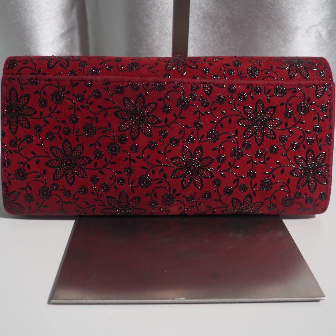 甲州印伝 本革 長財布 赤黒地×黒漆 花柄 印傳屋 クレマチス 札入れ 極美品