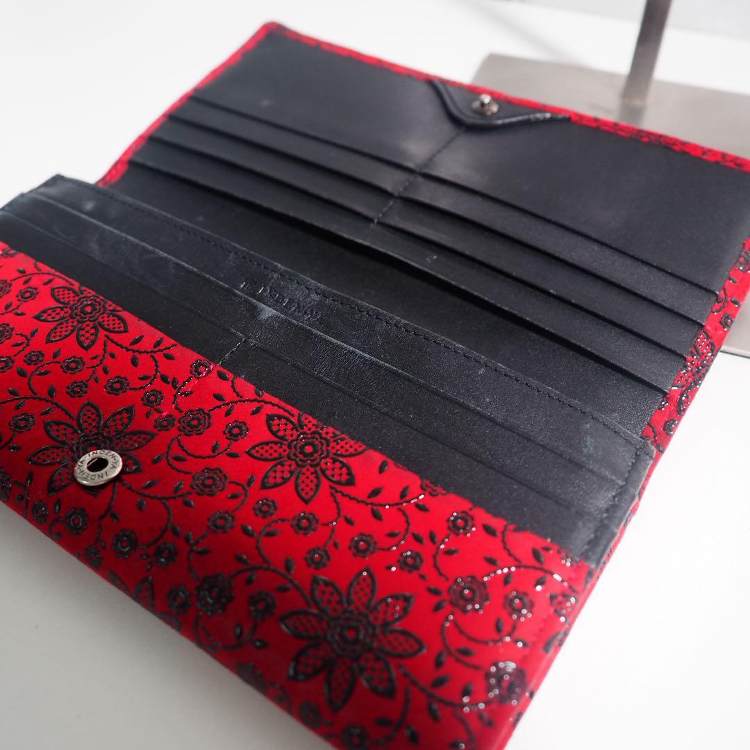 甲州印伝 本革 長財布 赤黒地×黒漆 花柄 印傳屋 クレマチス 札入れ 極美品