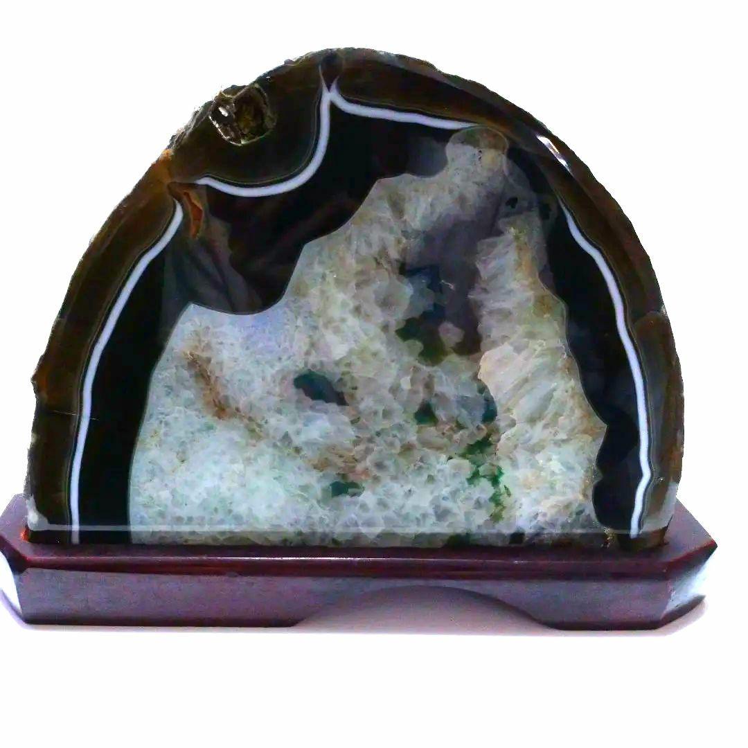 天然石の置物 半円形 木製台座付き