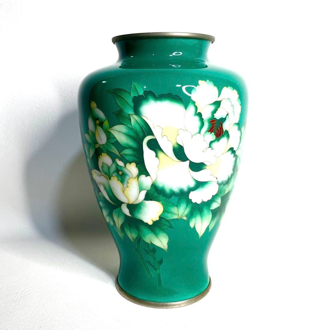 『美術七宝焼』　花瓶　緑牡丹　壺　陶磁器　花柄