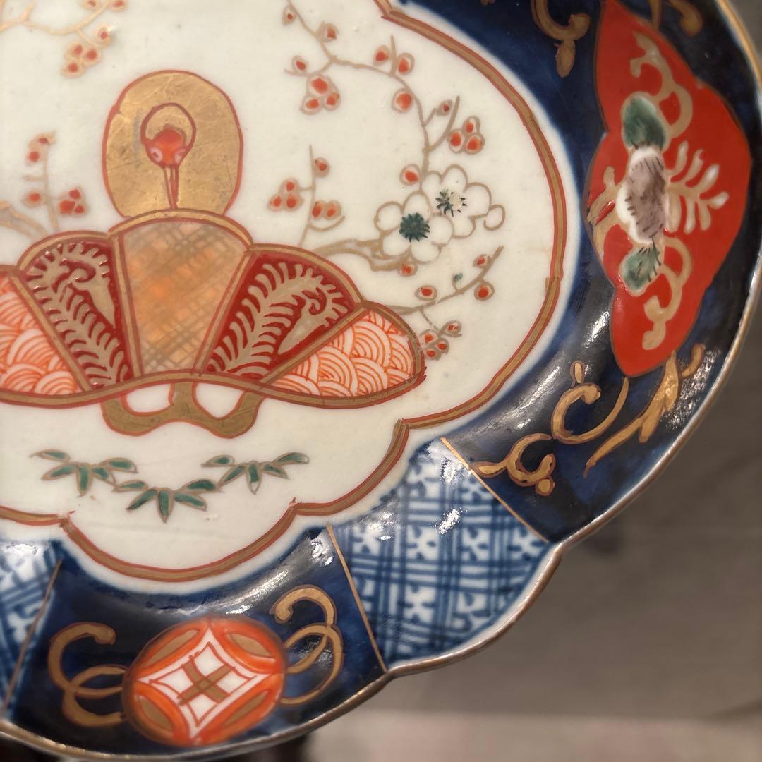 アンティーク江戸後期の鶴や梅、形が美しく、豪華絢爛な古伊万里の刺身皿