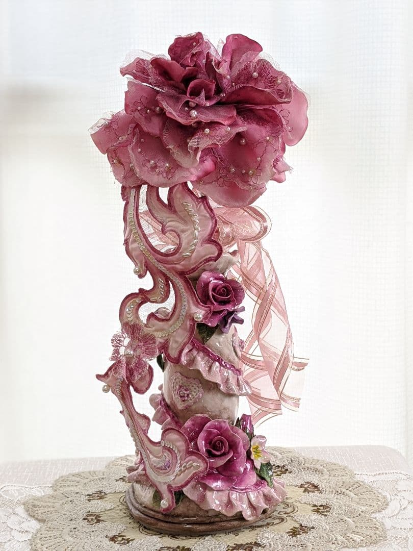 クレイフラワー✨ロココ調薔薇❁染め花布花❁クレイフラワー❁ハンドメイド